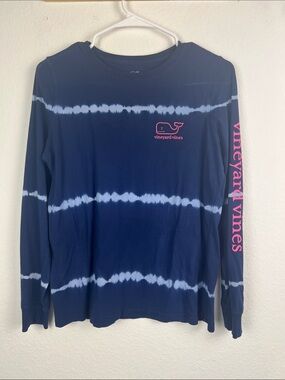 Vineyard Vines Navy Tie-Dye Long Sleeve with Pink Logo and Sleeve Text Size S